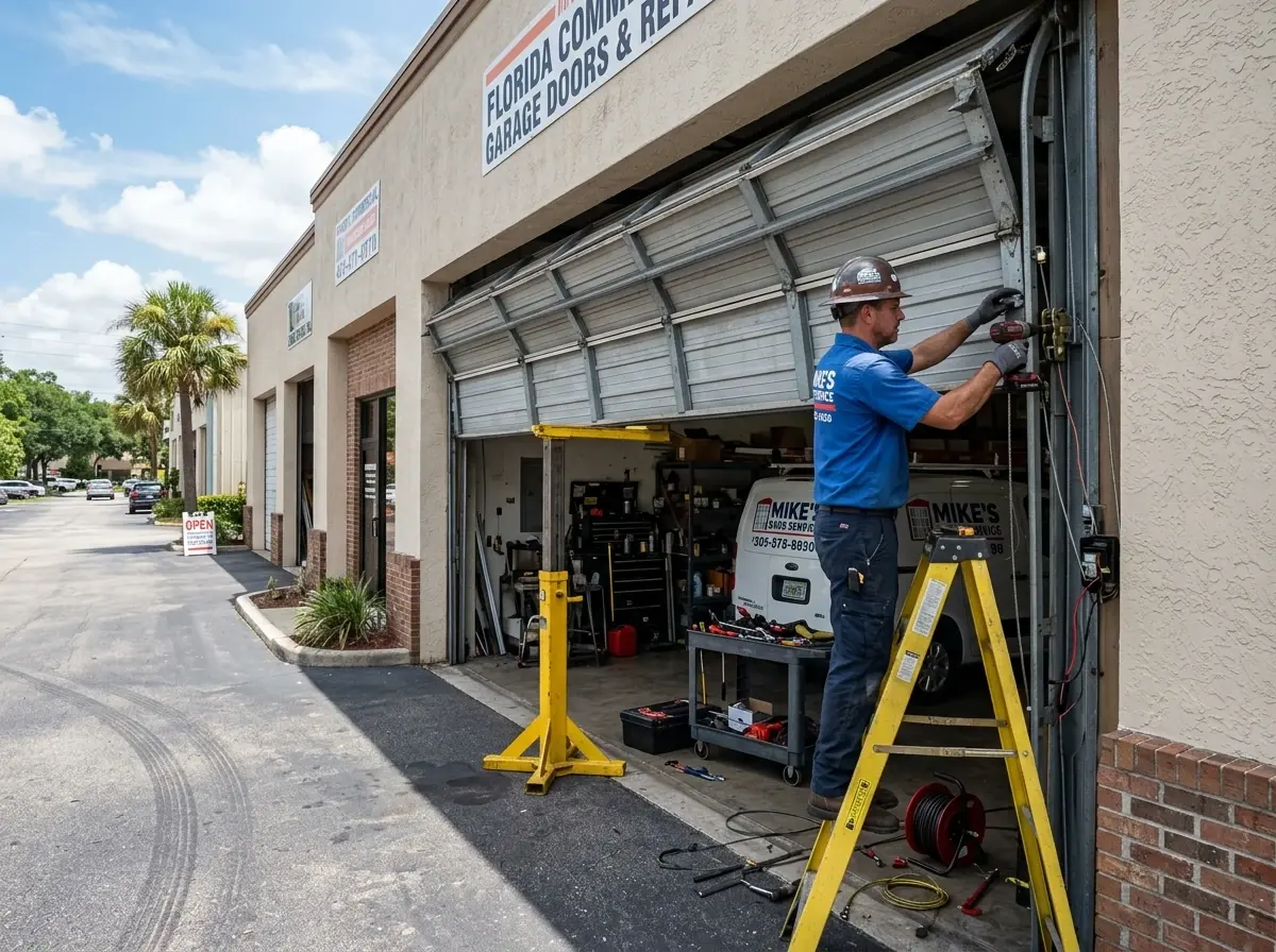 Technician on a ladder repairing a commercial sectional door at a storefront