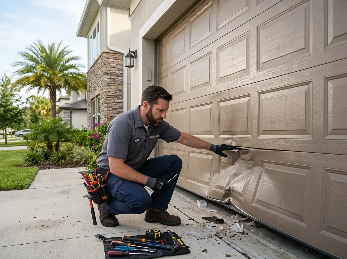 Technician crouching to inspect a dented bottom panel on a taupe garage door