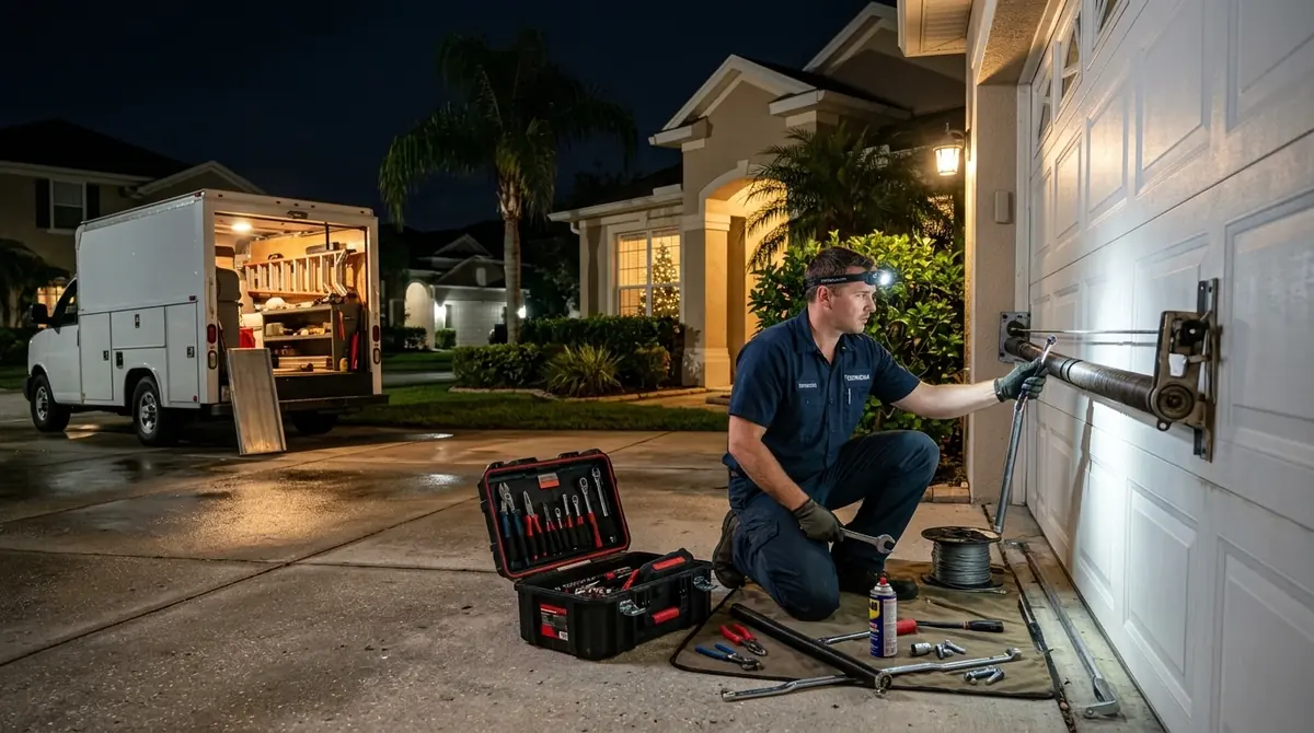Technician with a headlamp repairing a garage door at night