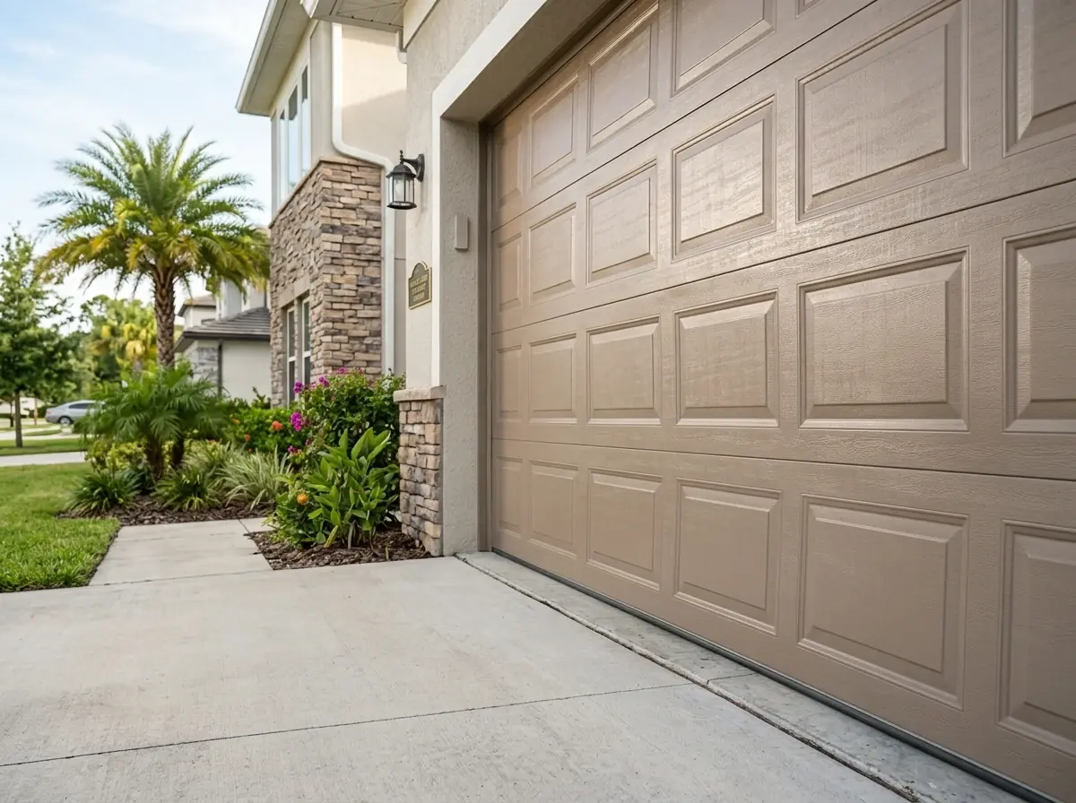 Taupe raised-panel garage door on a stone and stucco home
