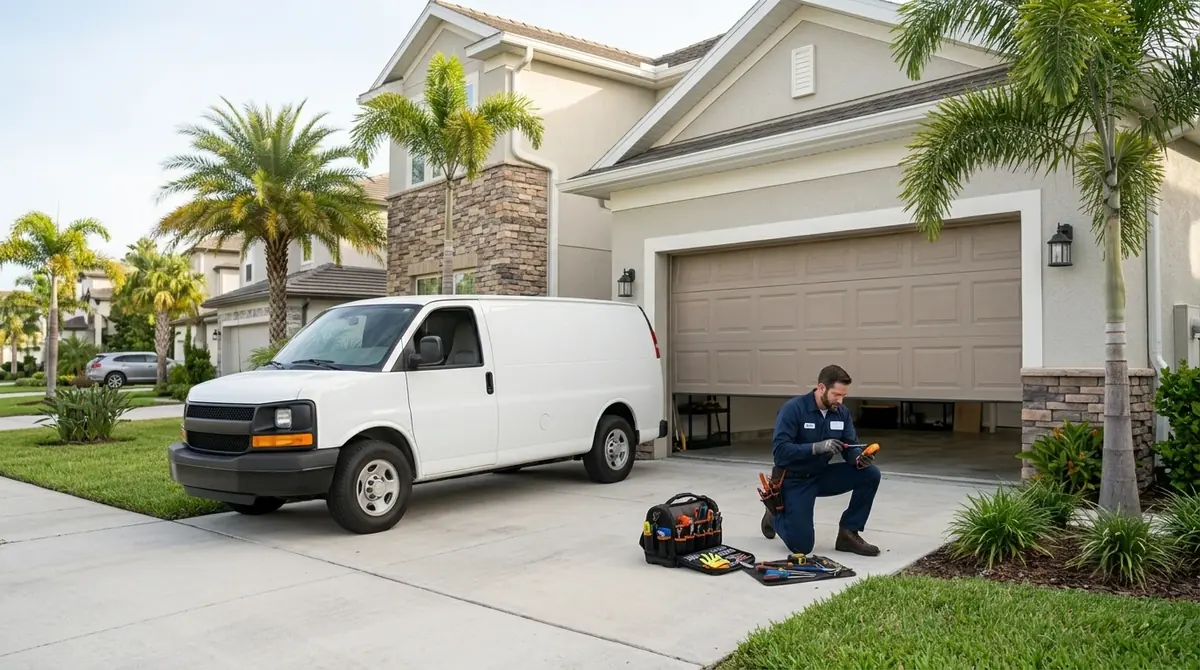 Technician kneeling at the bottom of an open garage door next to a white van