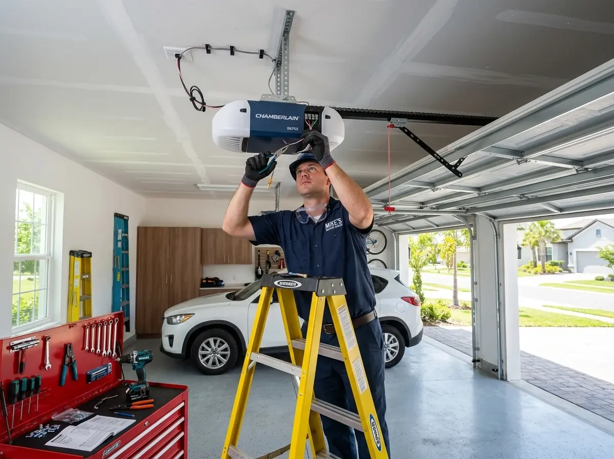 Technician on a ladder installing a new garage door opener on the ceiling