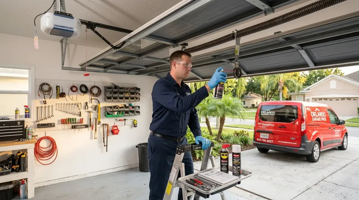 Technician on a stepladder lubricating a garage door opener rail