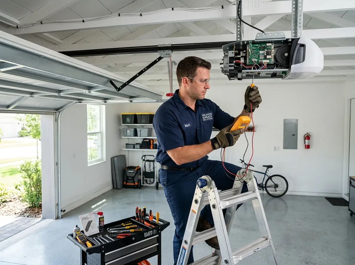 Technician on a stepladder troubleshooting a ceiling-mounted garage door opener