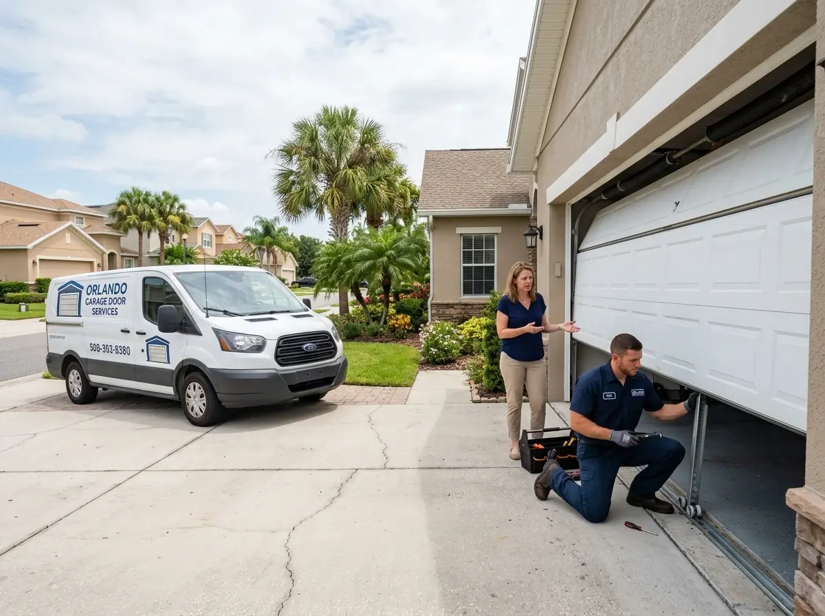 Technician kneeling to diagnose a garage door problem as the homeowner explains
