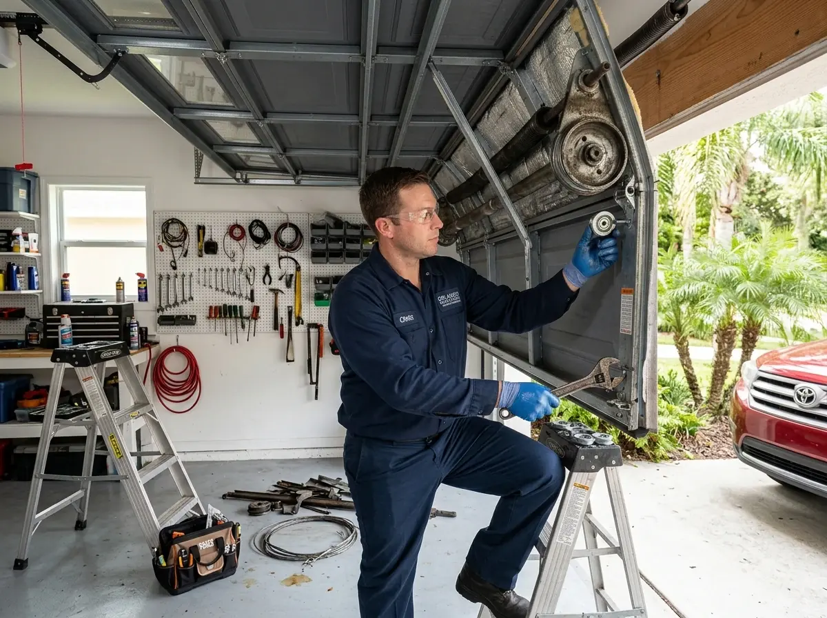 Technician adjusting a roller bracket on an open garage door