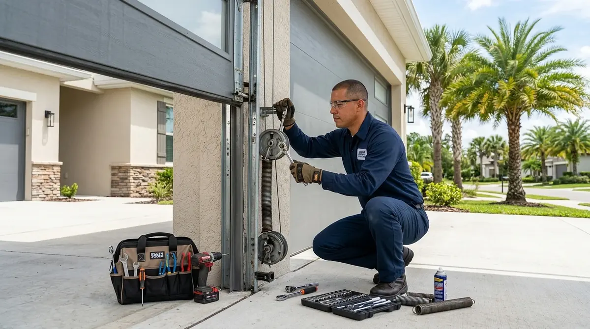 Technician kneeling to replace rollers in a garage door track