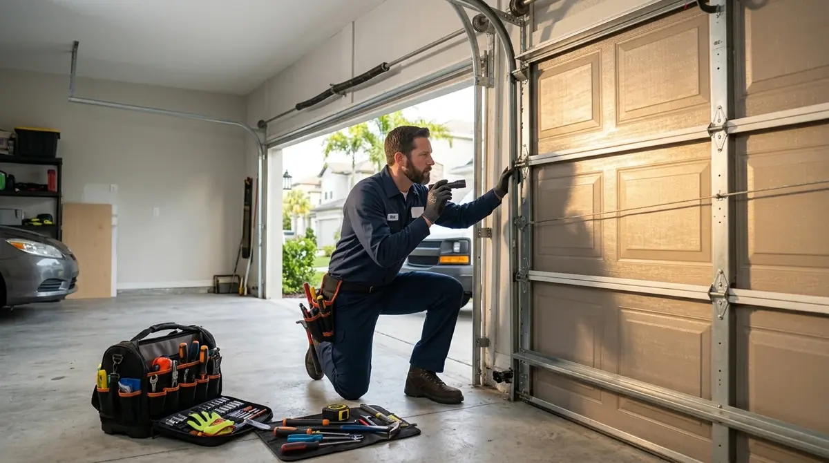 Technician kneeling to adjust the track of a raised garage door