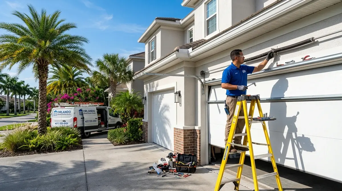 Technician on a yellow ladder adjusting a garage door track