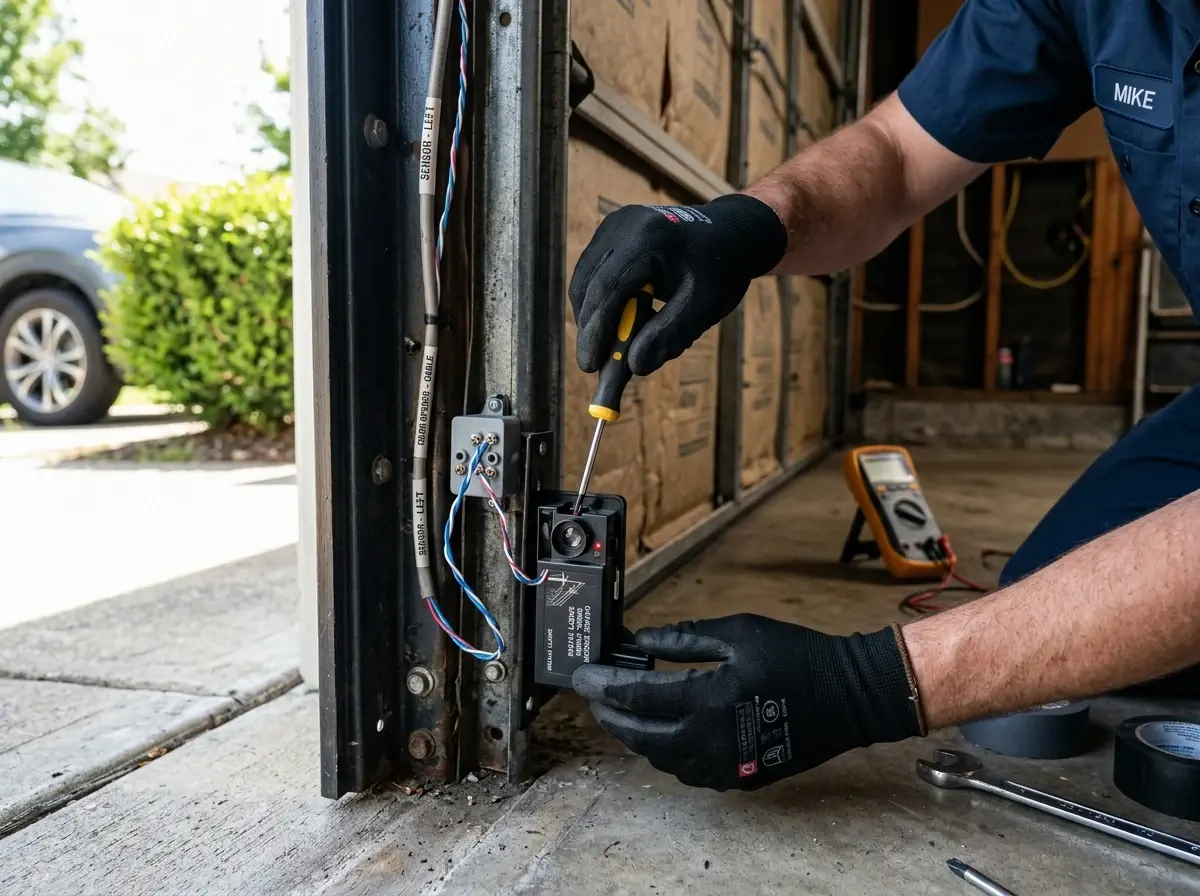 Gloved hands wiring a wall-mounted garage door control with a screwdriver