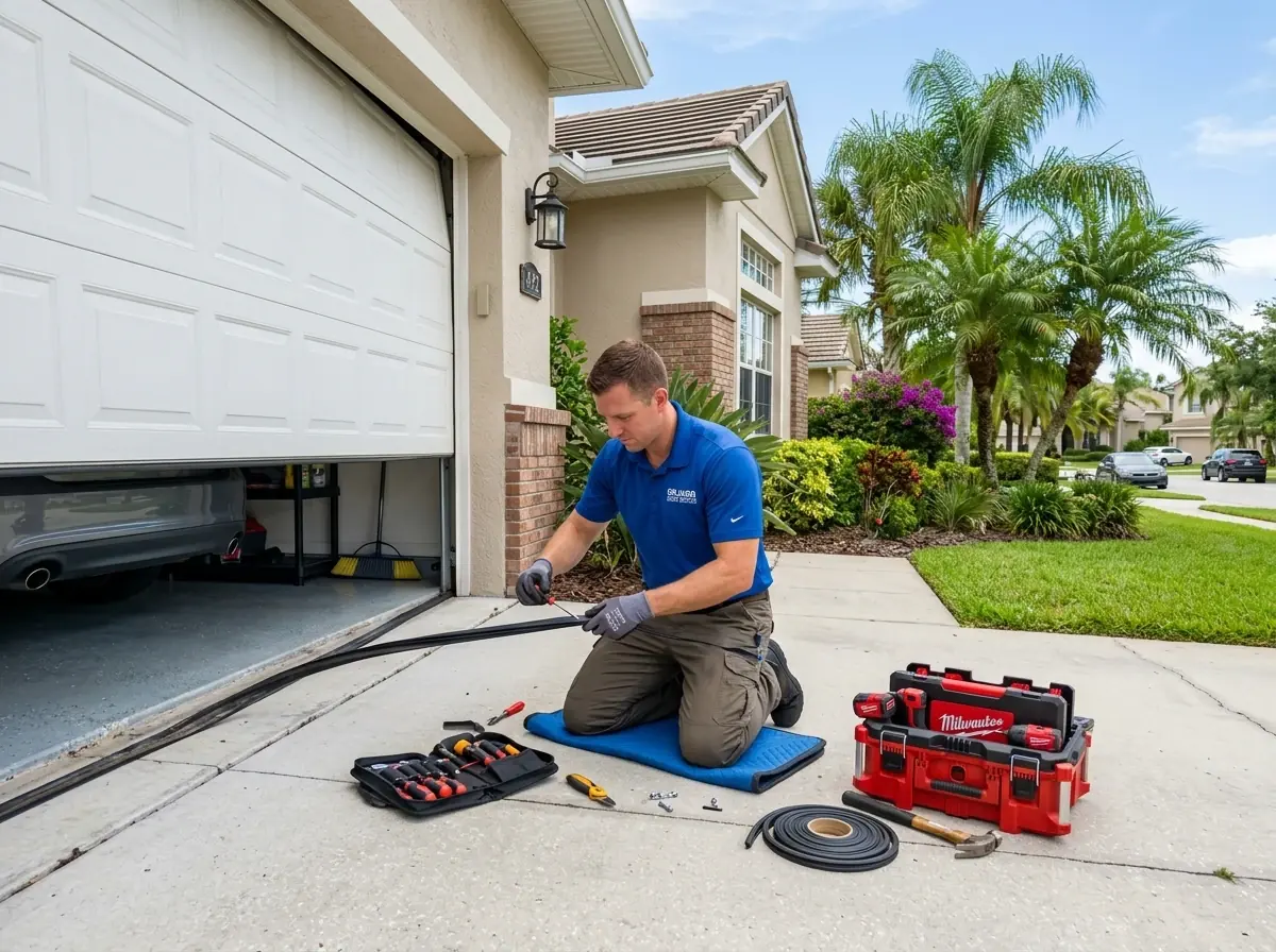 Technician kneeling to replace the bottom weather seal on a garage door
