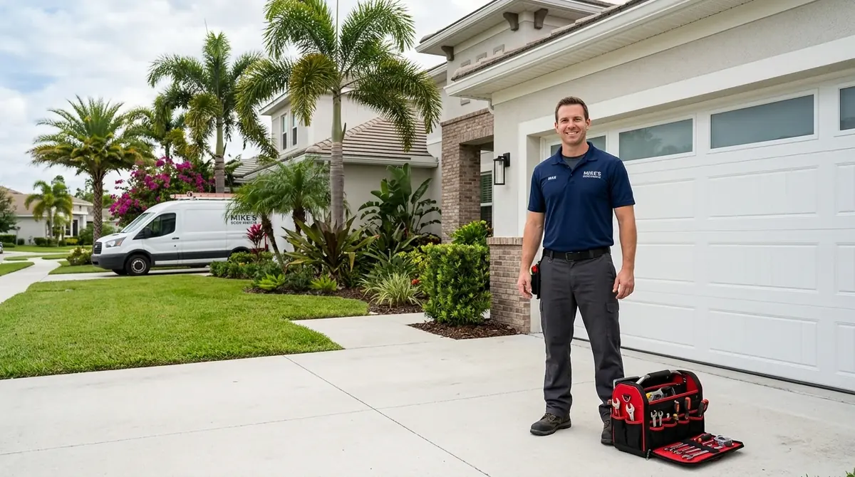 Smiling technician with a tool bag in front of a white garage door