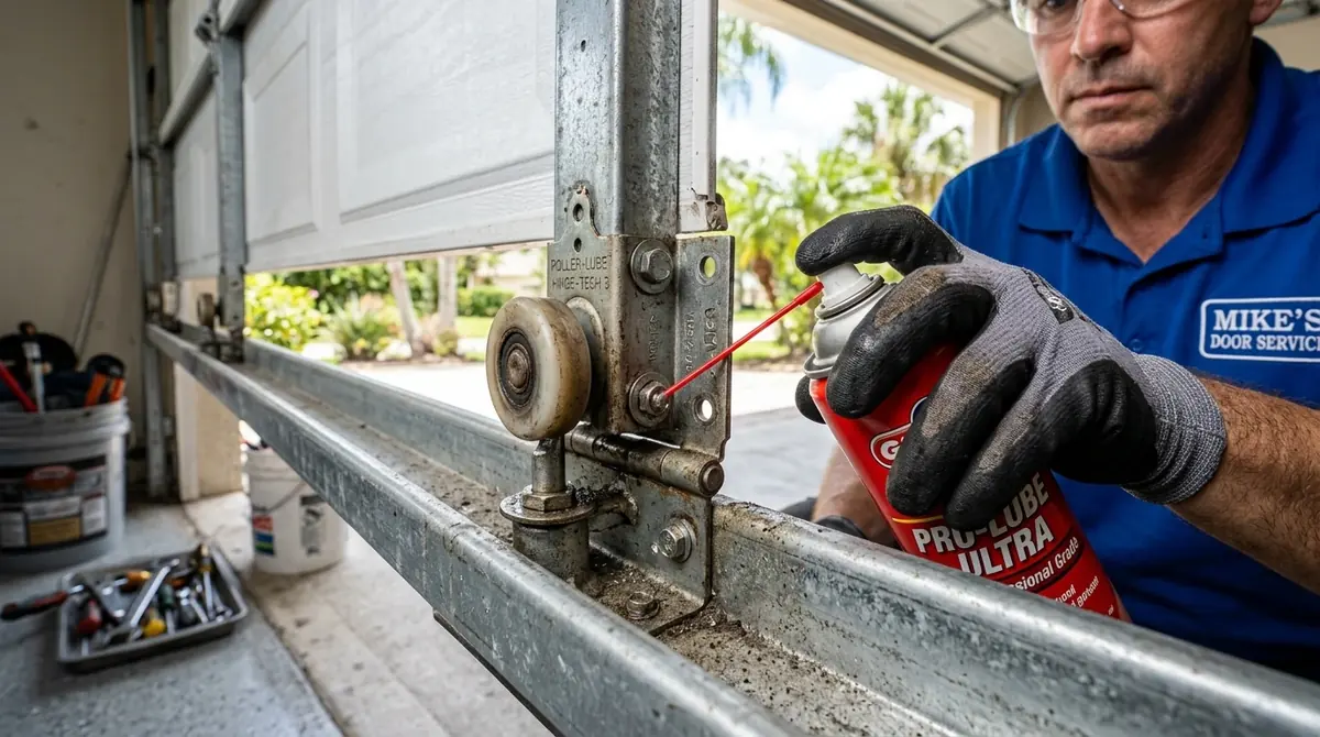 Technician spraying lubricant on a garage door roller and track