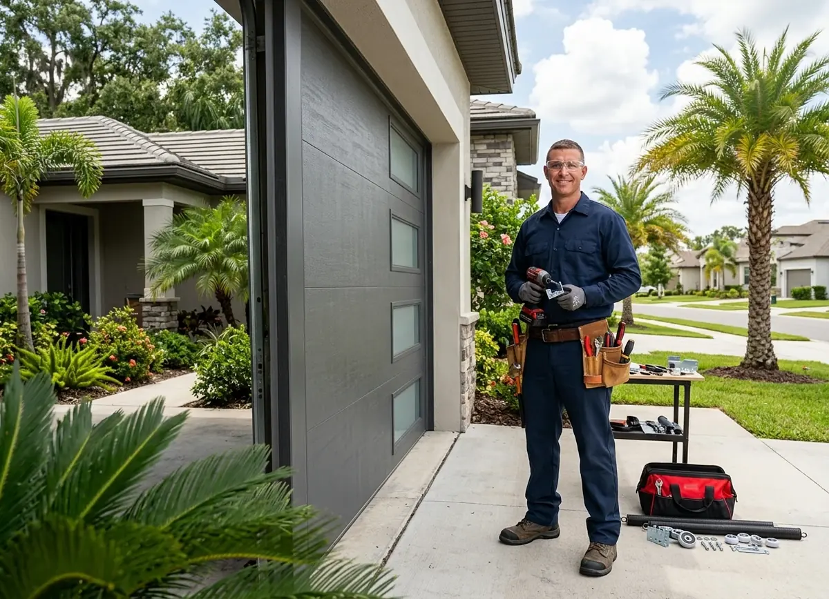 Technician with a drill and tool belt next to a modern dark glass garage door
