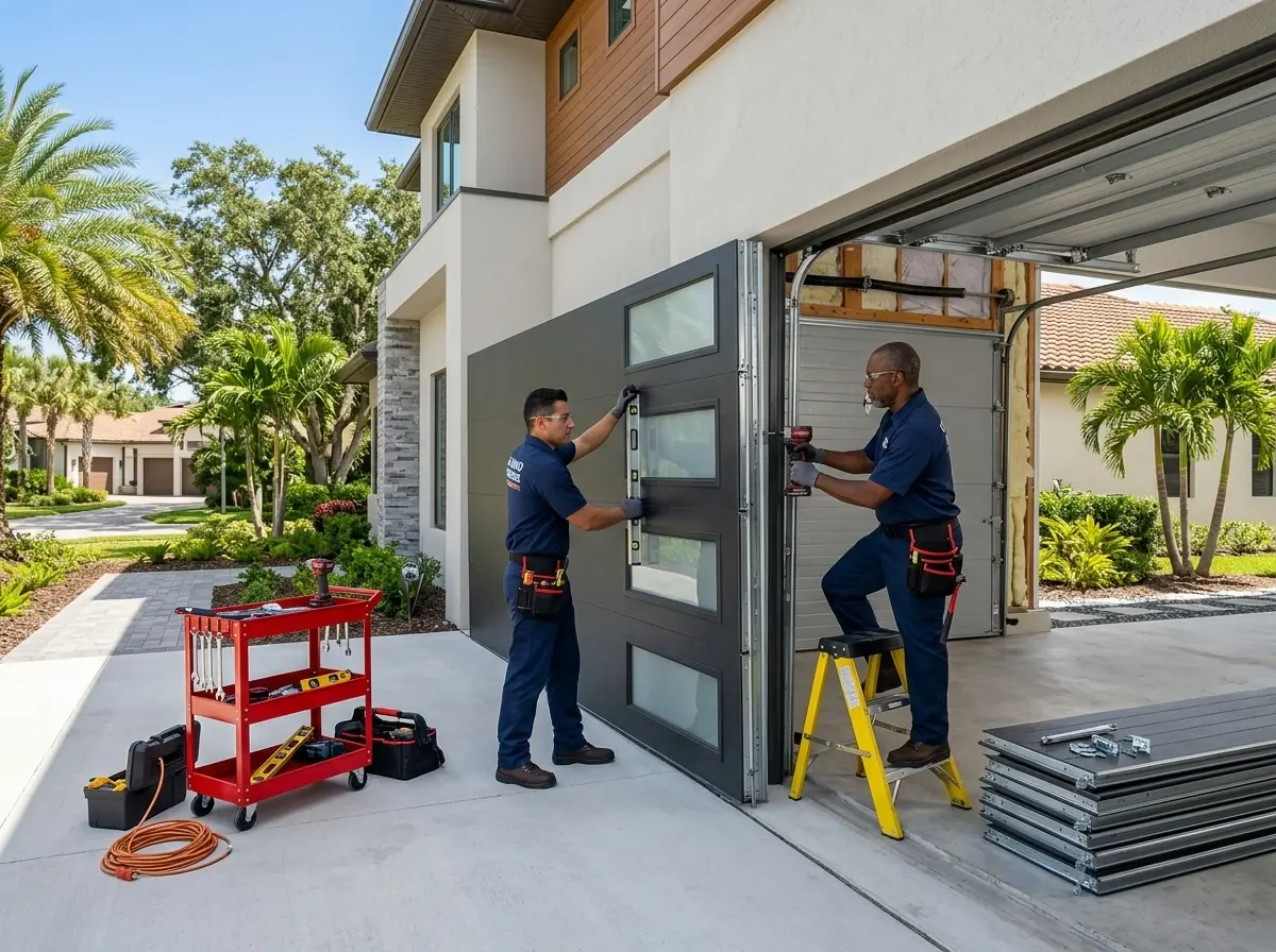 Two technicians installing a new modern garage door with glass panels