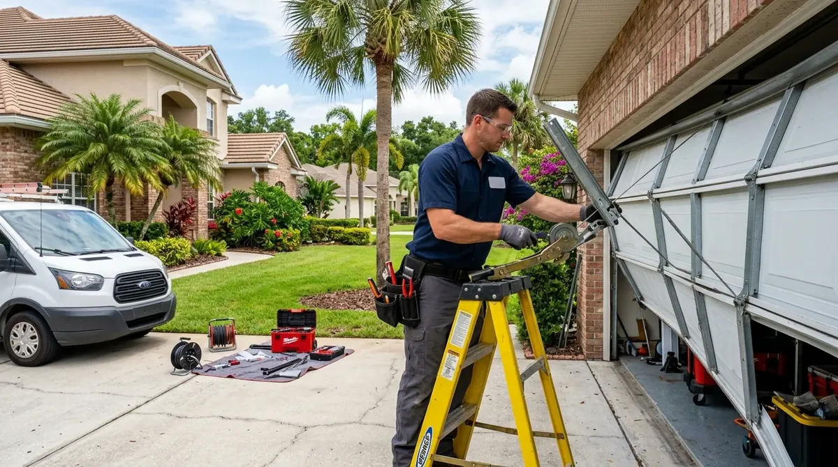 Technician on a ladder fixing a garage door that has come off its track