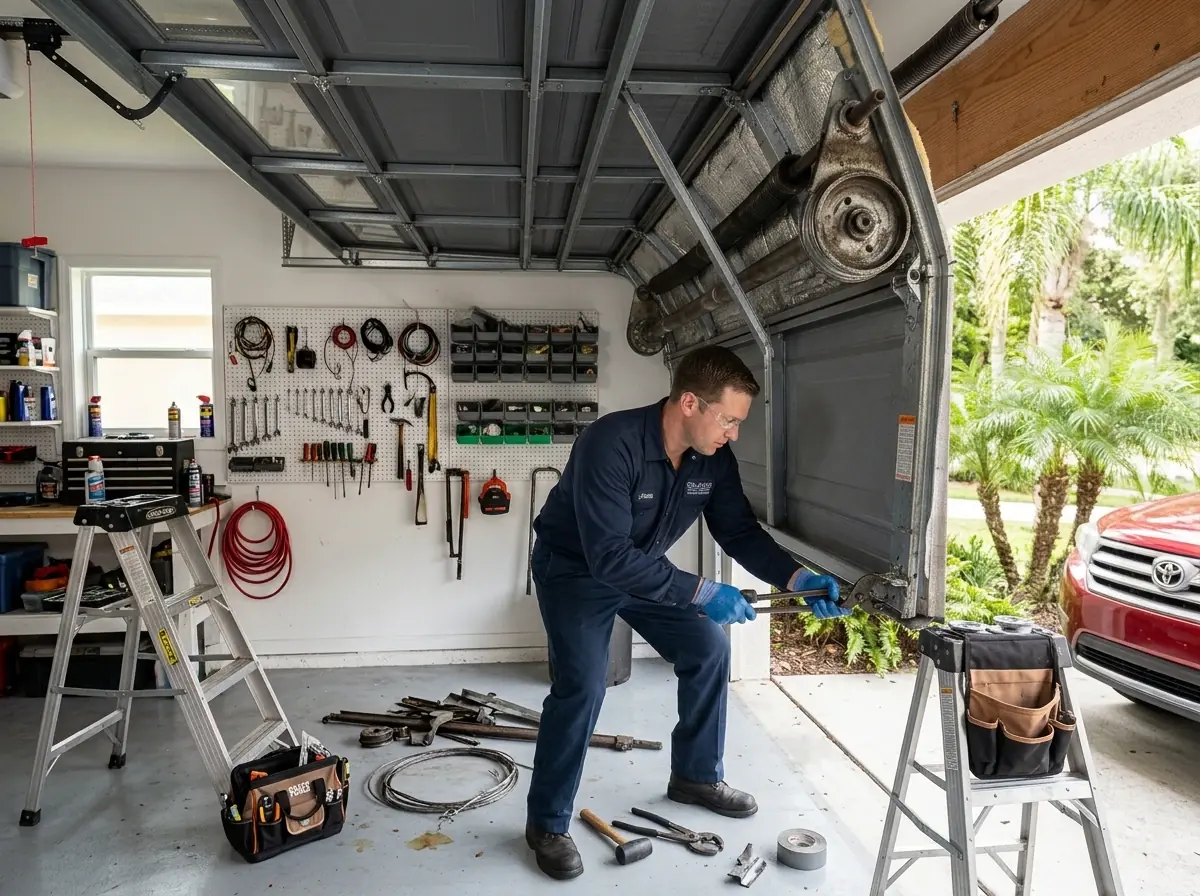 Technician adjusting hardware on an open garage door inside a tidy home garage