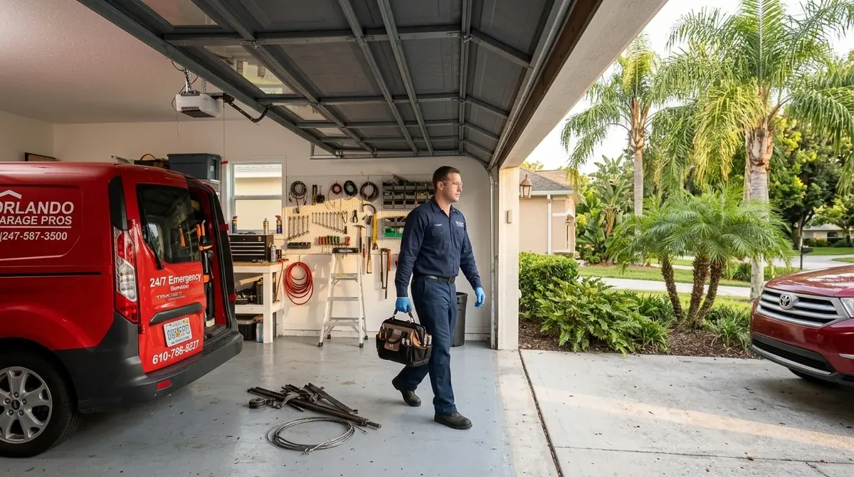 Technician carrying a tool bag out of a garage beside a service van