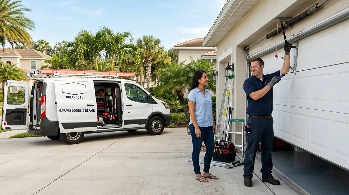 Technician explaining a garage door repair to a homeowner on the driveway