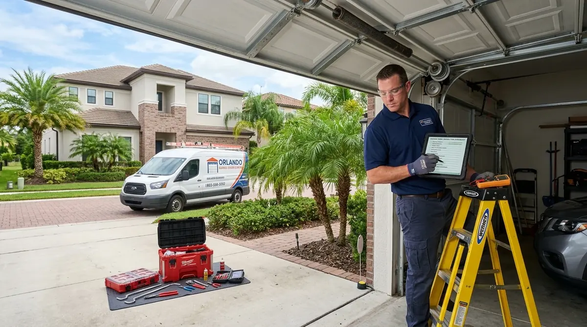 Technician reviewing a garage door inspection on a tablet