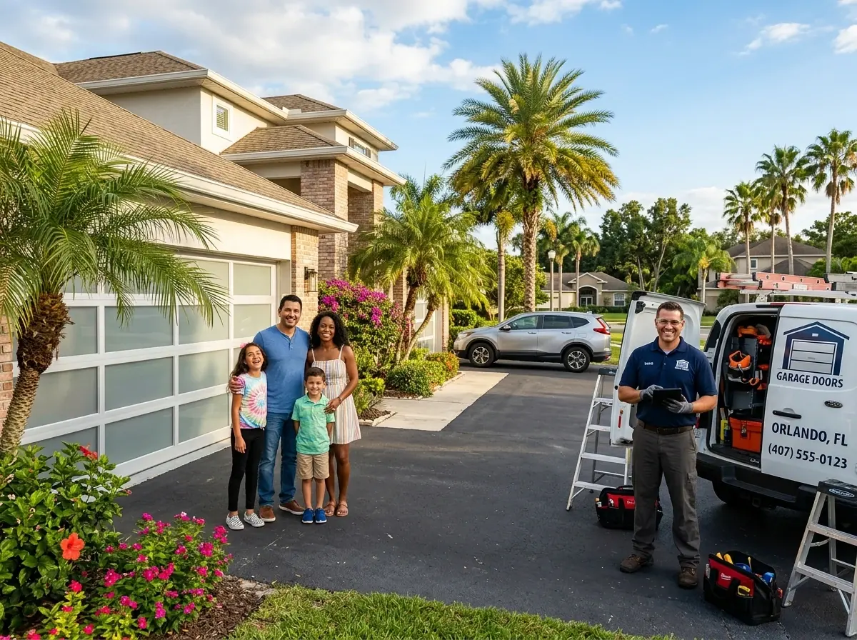 Garage door technician meeting a smiling family on their driveway