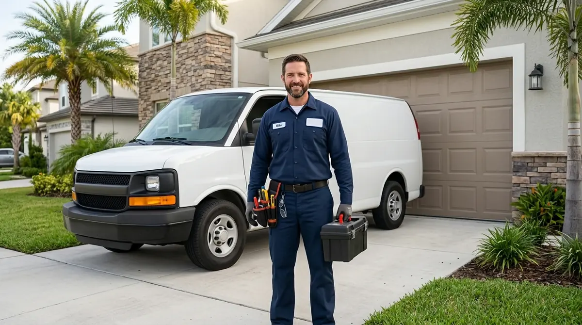 Technician holding a toolbox in front of a white service van on a driveway