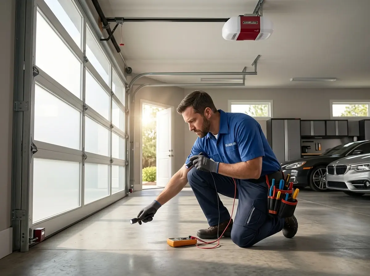 Technician kneeling with a multimeter to test garage door sensor wiring