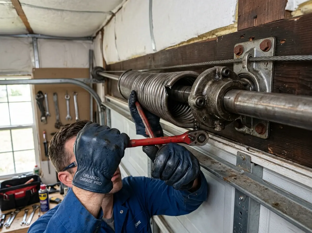 Gloved technician tightening a garage door torsion spring with a wrench
