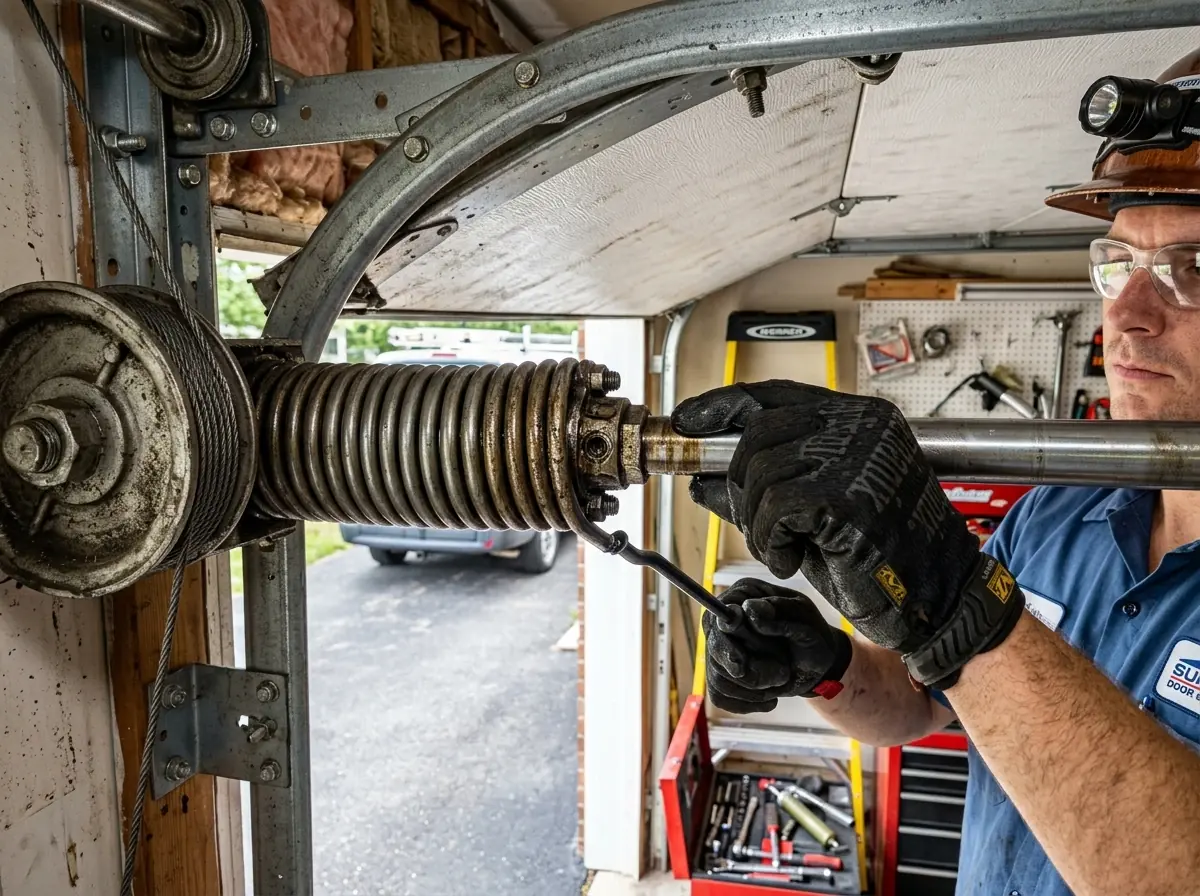 Technician in a headlamp working on a garage door torsion spring
